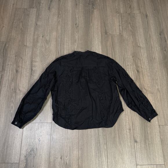 Madewell Lace-Inset Pintucked Button-Up Top Womens M Black Long Sleeve Eyelet - Picture 6 of 8